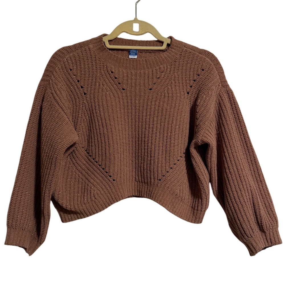 Old Navy Womens Brown Metallic Chenille Cropped Sweater Pointelle Shimmer Size M